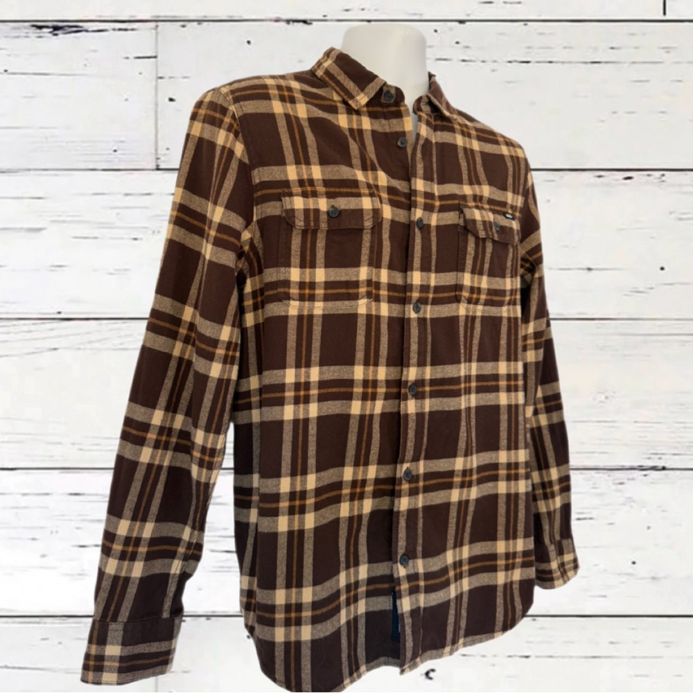 Vans Men’s Flannel Shirt (Small) | Brown Tan Plaid Long Sleeve Button-Up | 2022 - Picture 8 of 13